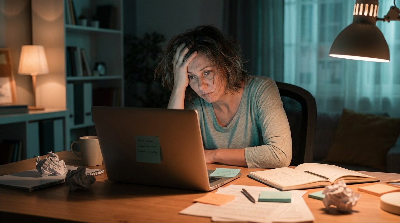 An overwhelmed adult with ADHD surrounded by planners and productivity apps that haven't helped