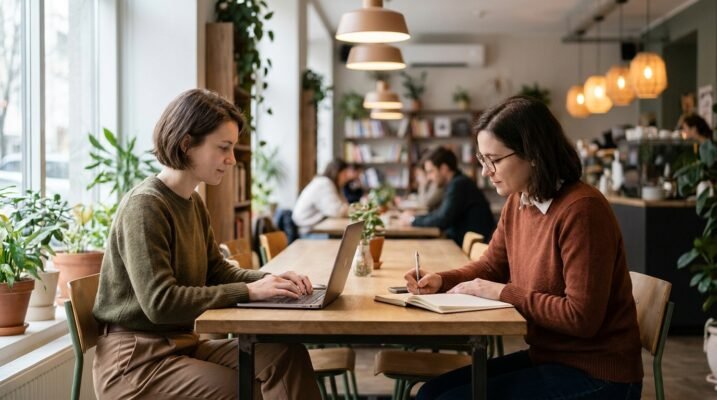 Two people working alongside each other at a table, an example of body doubling for ADHD